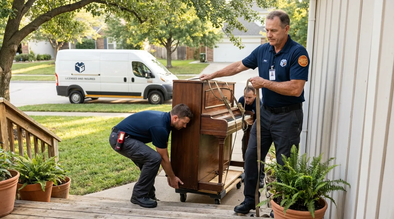 Licensed piano movers securing grand piano in Granville, NY