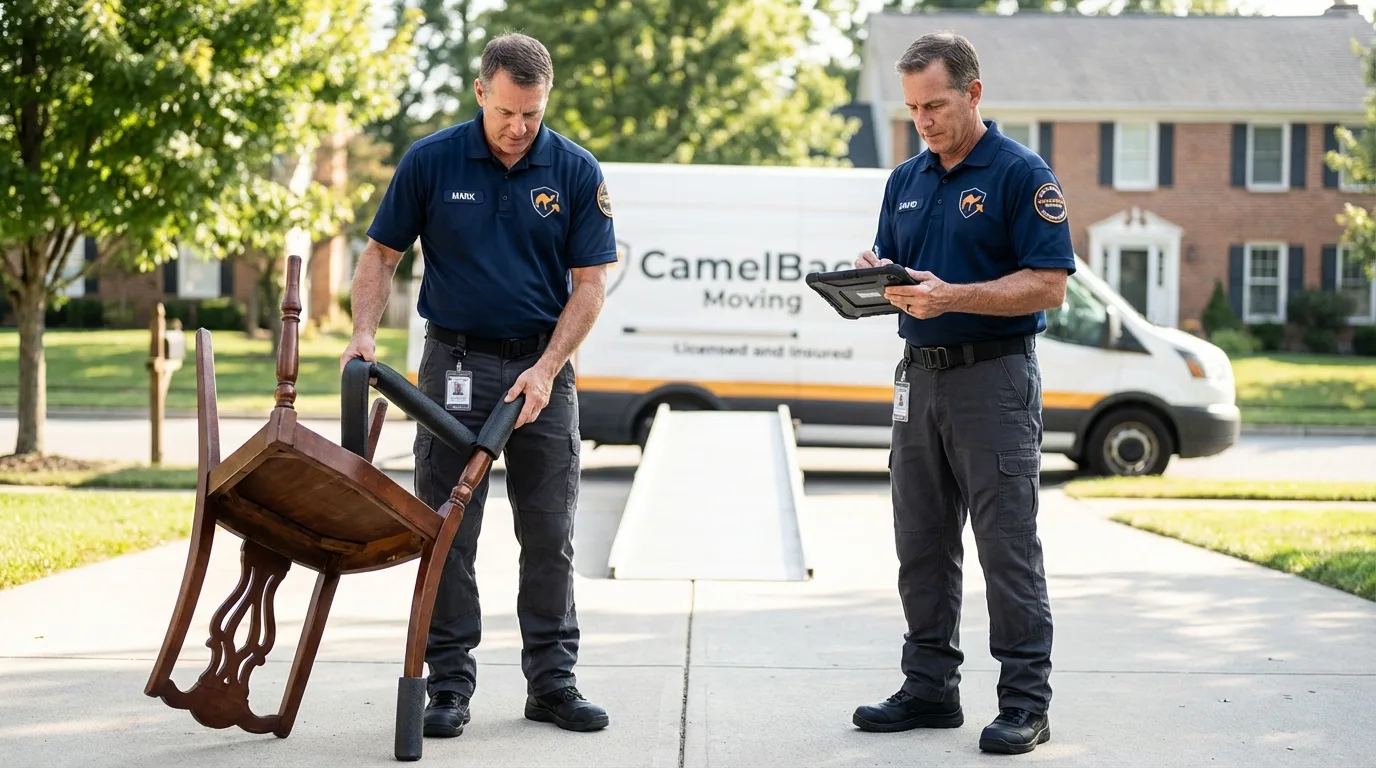 Movers inspecting furniture for damage prevention before loading in Granville, NY