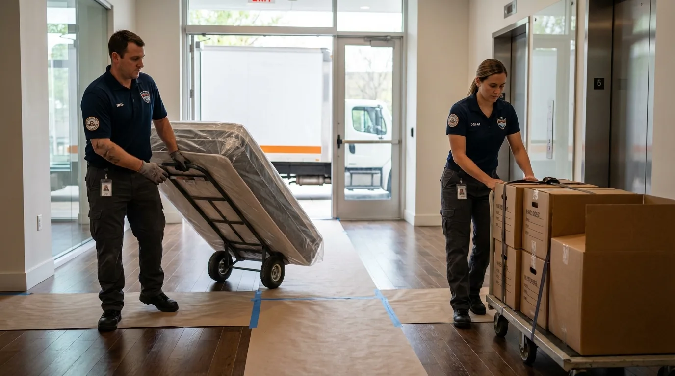 Professional apartment movers loading elevator in Granville, NY